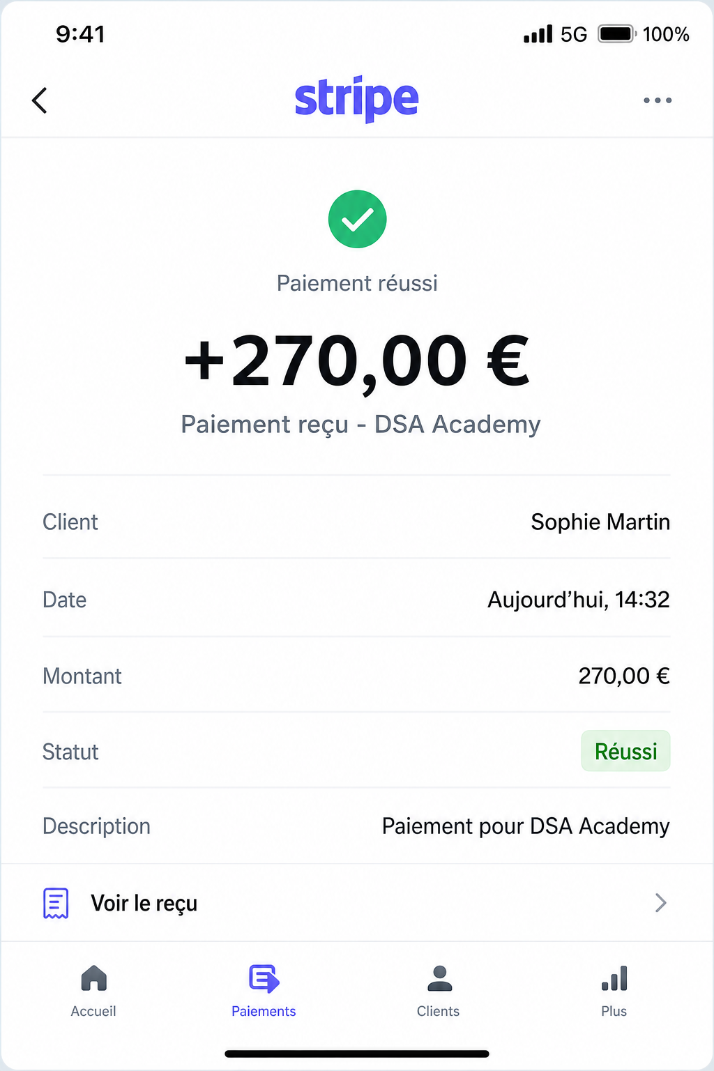Notification d'un paiement reçu de 270€ sur Stripe