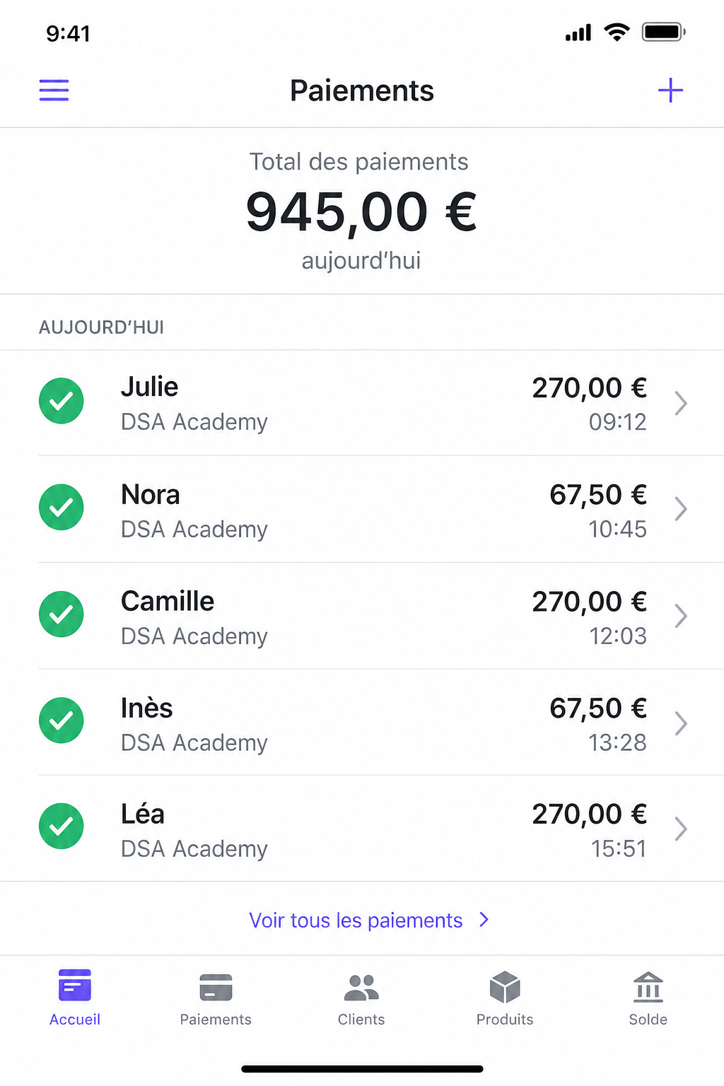 Tableau de bord Stripe avec ventes du jour DSA Academy
